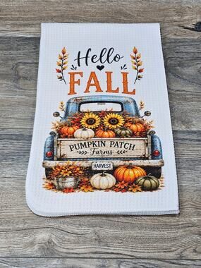 Hello Fall Vintage Blue Truck Kitchen Towel Pumpkin Farmhouse Decor